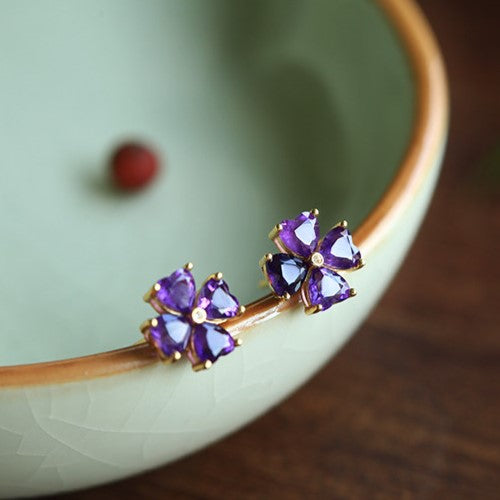 Natural Amethyst Sterling Silver Four-Leaf Clover Earrings