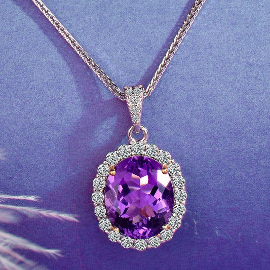 Natural Amethyst Pendant Necklace, S925 Silver Plated with Platinum