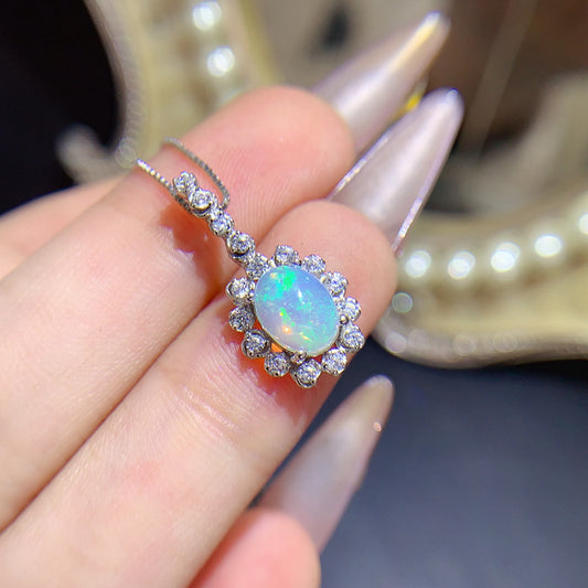 Natural Opal Pendant Necklace, S925 Silver Plated with Platinum
