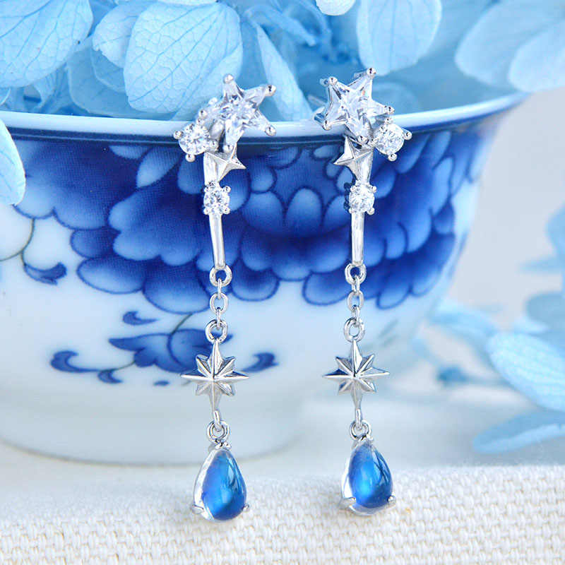 Natural Moonstone Earrings, Ice Type with Strong Blue Sheen, 925 Sterling Silver