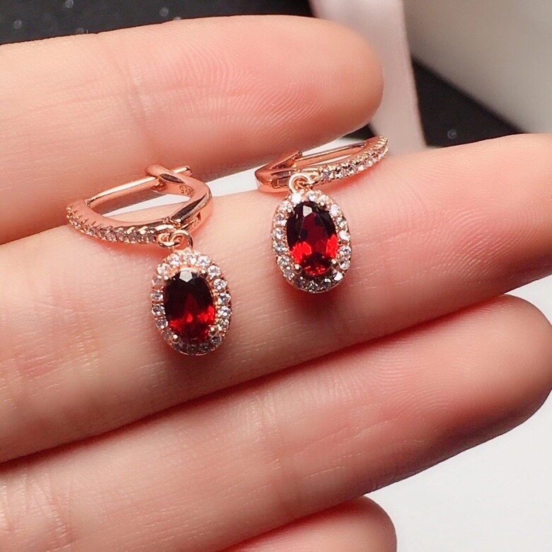 Natural Garnet Earrings, 925 Silver Plated with Rose Gold, Main Stone 4*6mm