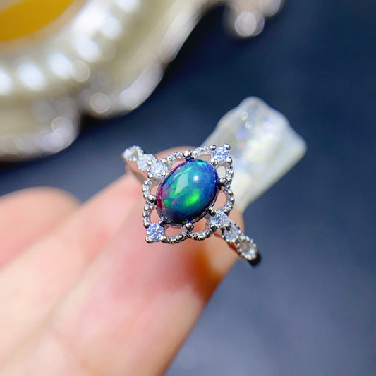 Natural Black Opal Ring 925 Silver 5*7mm