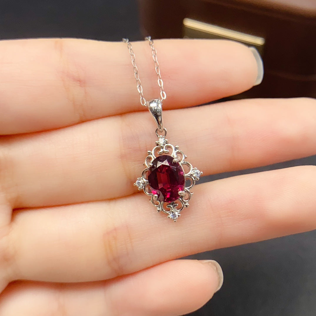 Natural Garnet Pendant Necklace, S925 Silver Plated with Platinum