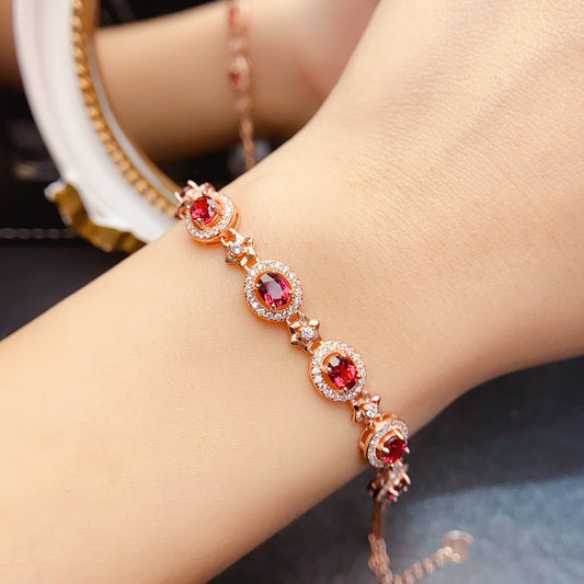 Natural Garnet Bracelet, S925 Silver Plated with Rose Gold
