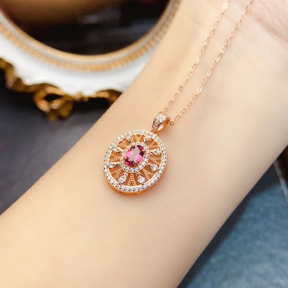 Natural Garnet Pendant Necklace, S925 Silver Rose Gold-Plated