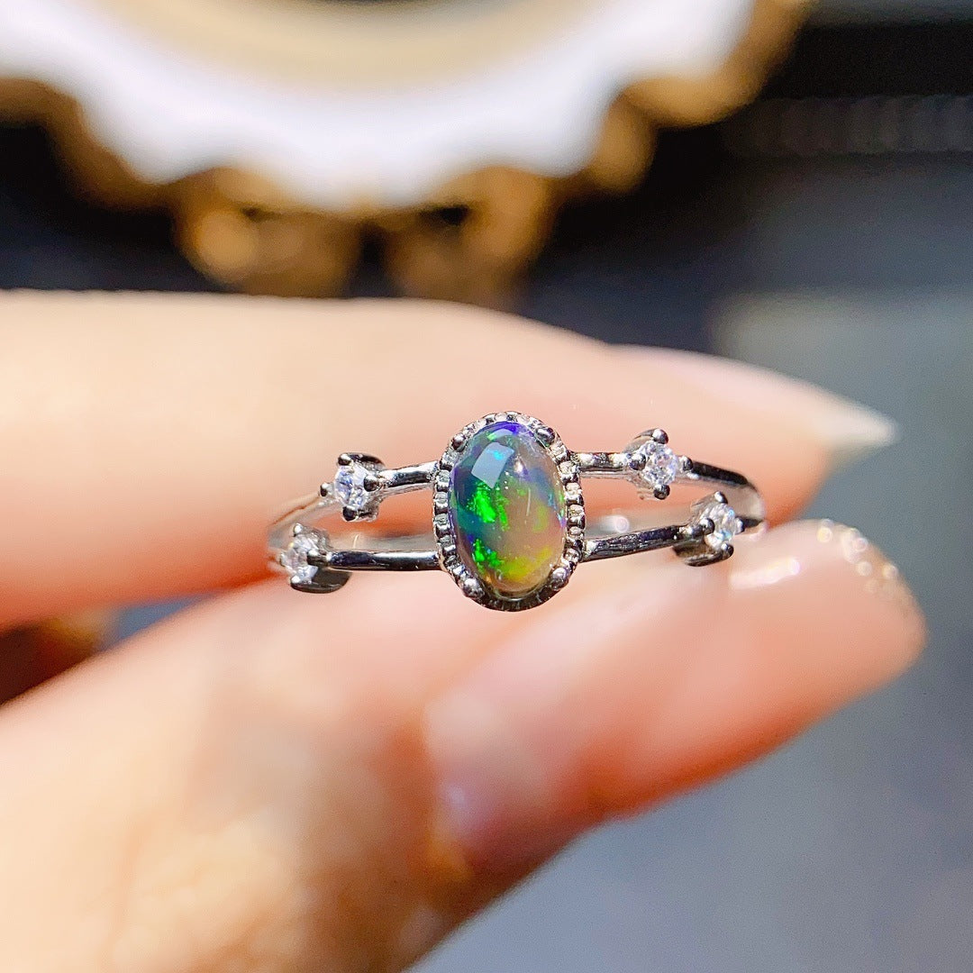 Natural Black Opal Ring S925 Silver Setting, Main Stone 4*6mm