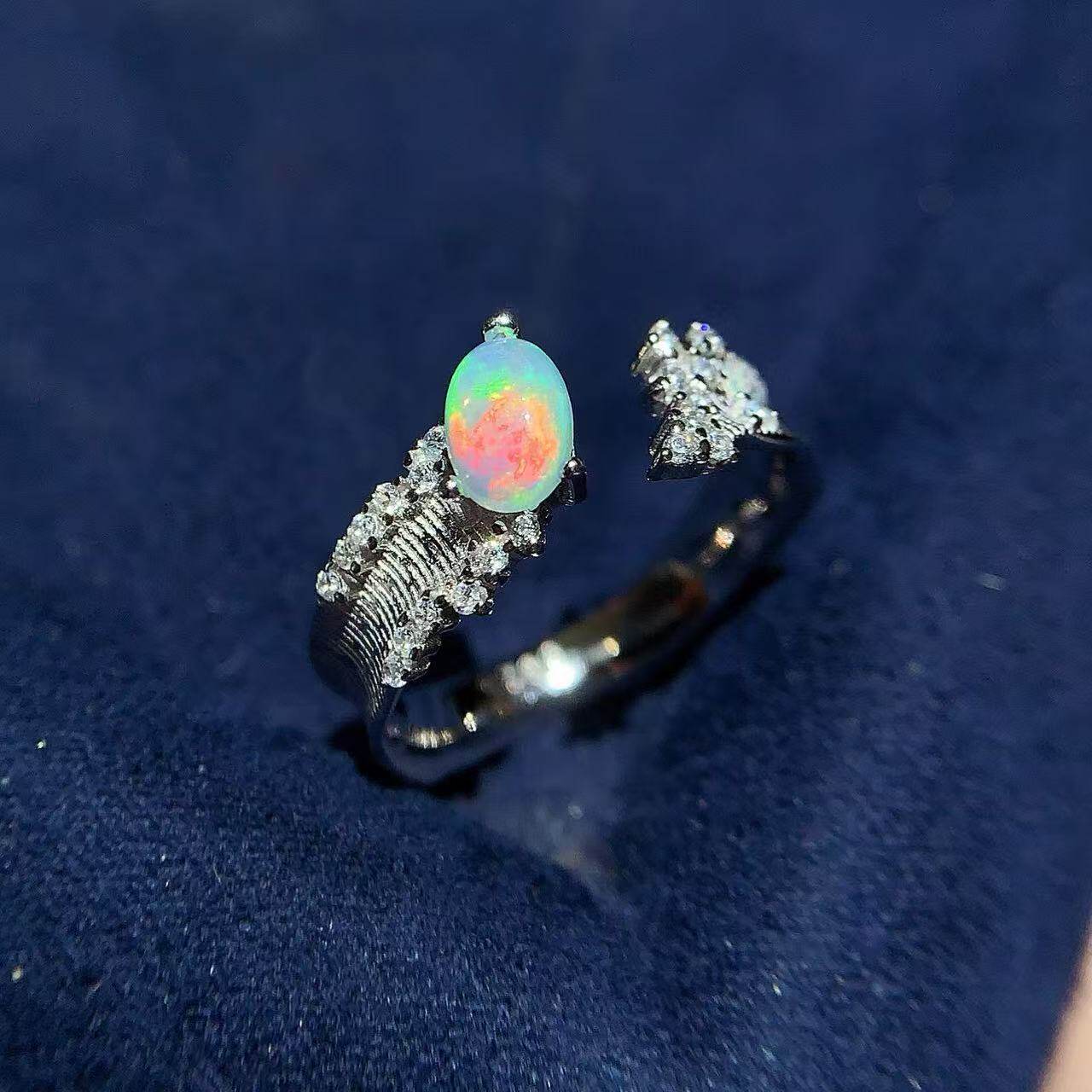 Natural Opal Ring 925 Silver with Wave Texture / Exquisite Wave Pattern