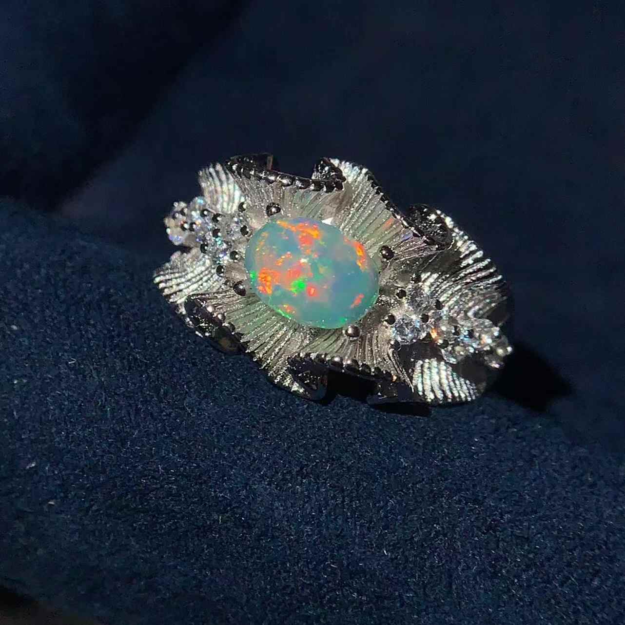 Natural Opal Ring 925 Silver with Floral Pattern