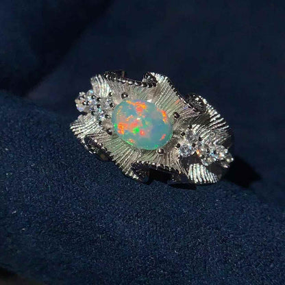 Natural Opal Ring 925 Silver with Floral Pattern
