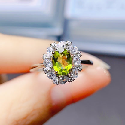 Natural Peridot Ring for Women, Set in S925 Sterling Silver, Main Stone 5*7mm