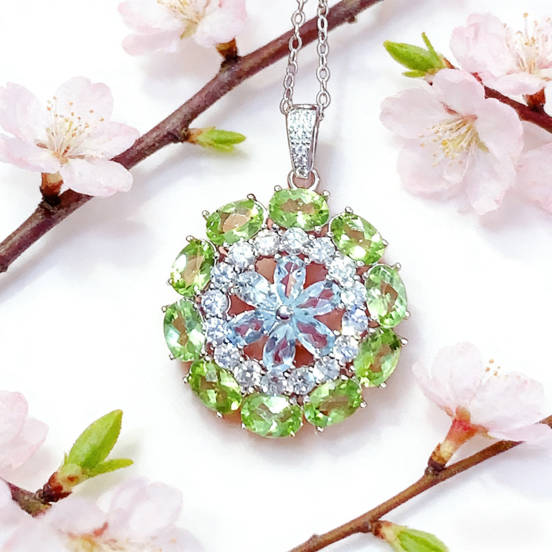 Natural Peridot and Aquamarine Pendant Necklace, Set in S925 Silver