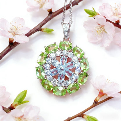 Natural Peridot and Aquamarine Pendant Necklace, Set in S925 Silver