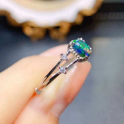 Natural Black Opal Ring S925 Silver Setting, Main Stone 4*6mm