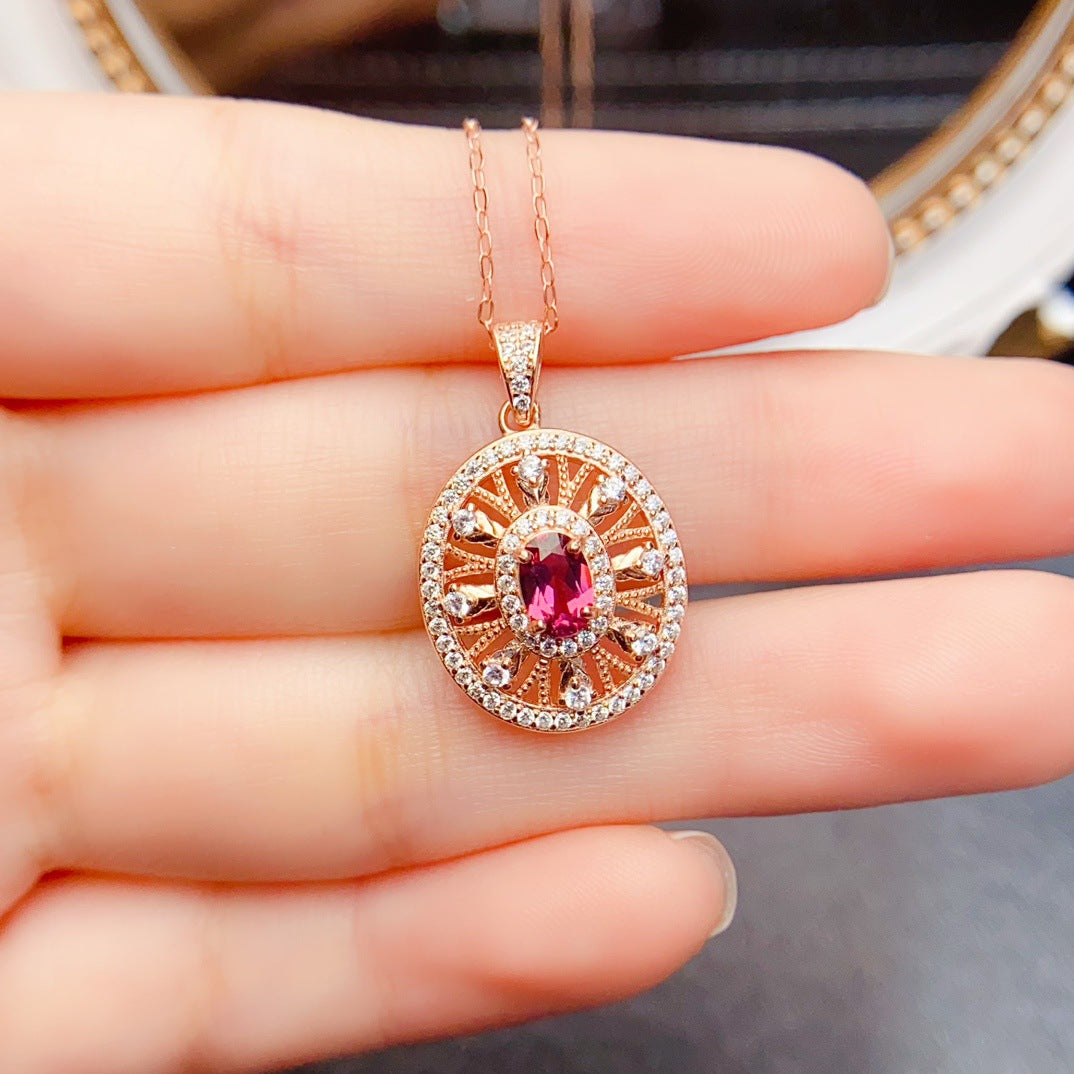 Natural Garnet Pendant Necklace, S925 Silver Rose Gold-Plated