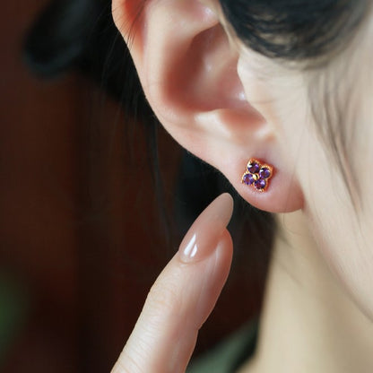 Natural Amethyst Sterling Silver Four-Leaf Clover Earrings