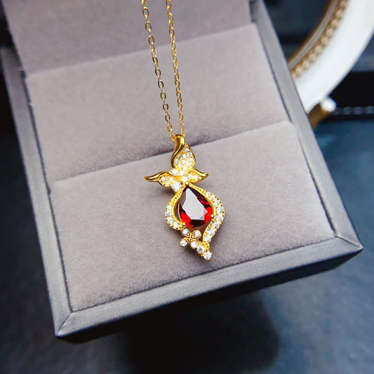 Natural Garnet Pendant Necklace, S925 Silver Gold-Plated