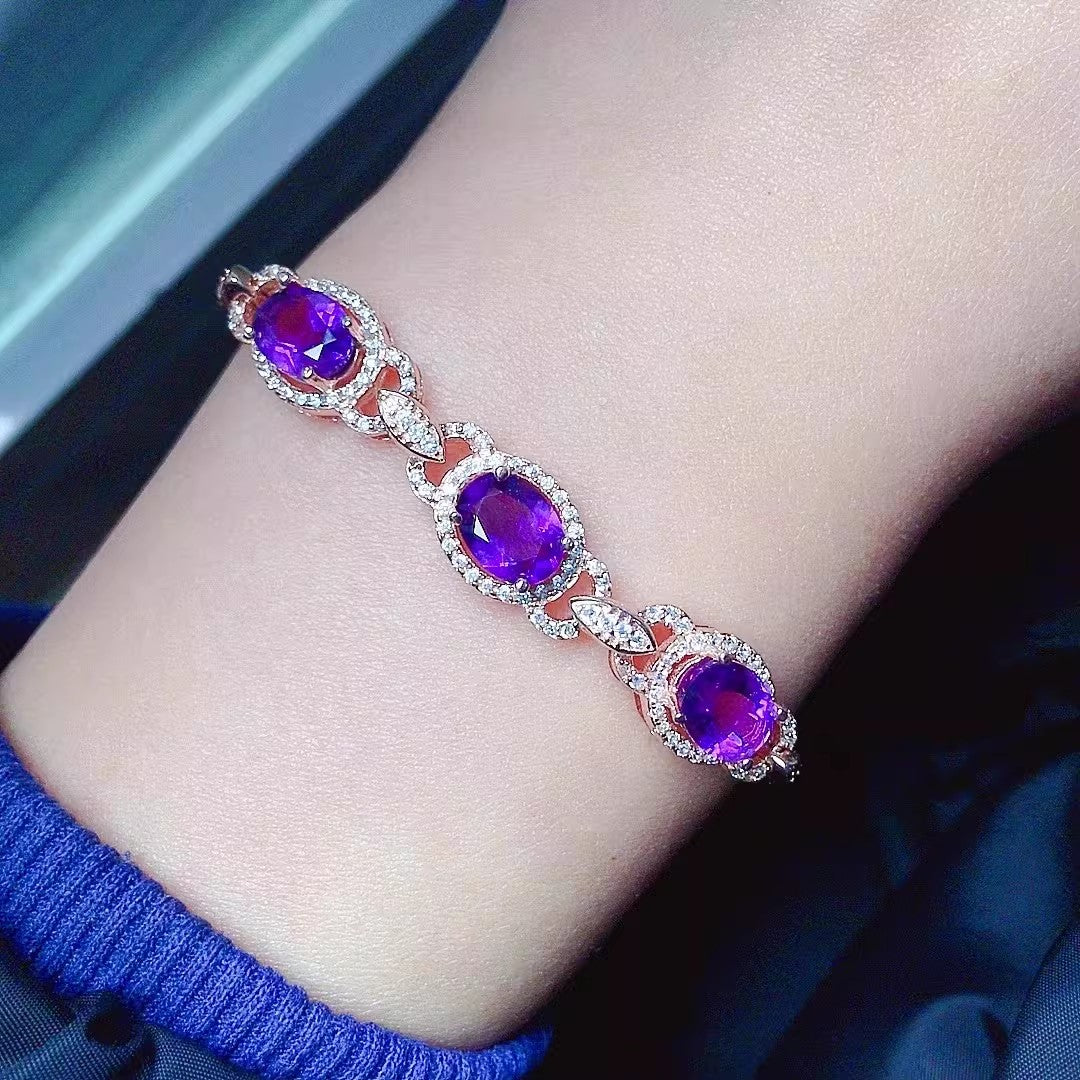 Natural Amethyst Bracelet for Women, S925 Sterling Silver Setting