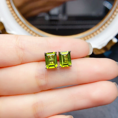 Natural Peridot Earrings, Set in S925 Silver, Main Stone 6x8mm