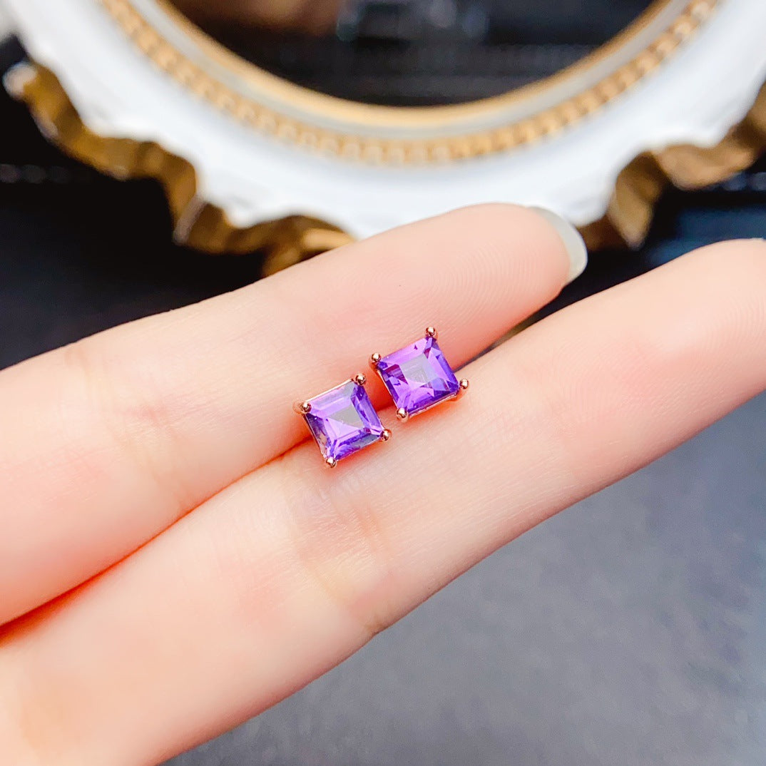 Natural Amethyst Earrings, 925 Silver with Gold Plating, 5x5mm