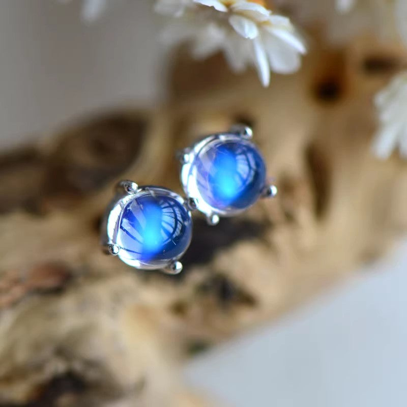 Natural Moonstone Earrings, Blue Sheen, S925 Sterling Silver, 4.2mm and 5.2mm