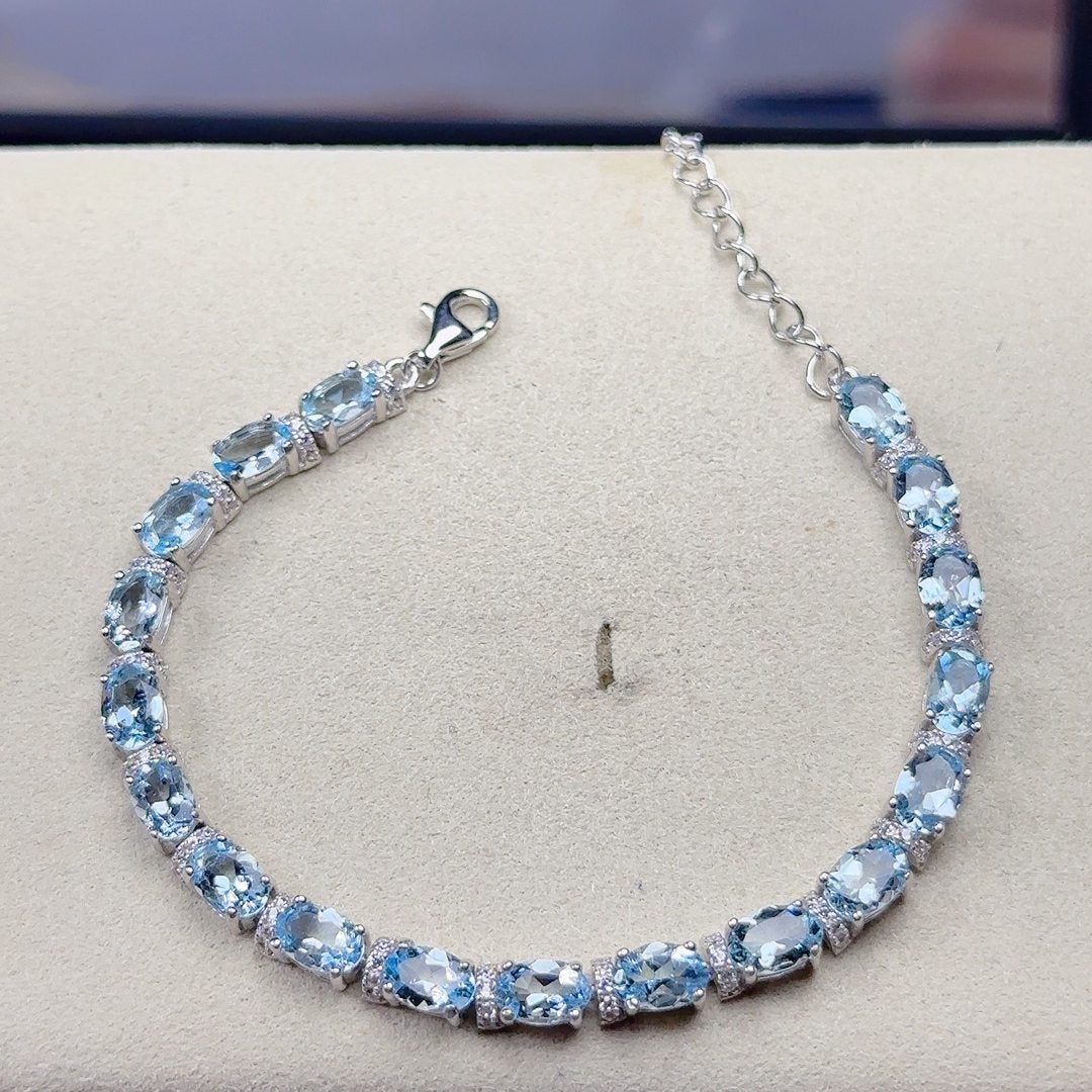 Natural Aquamarine Bracelet, S925 Sterling Silver Setting