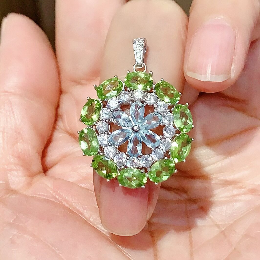 Natural Peridot and Aquamarine Pendant Necklace, Set in S925 Silver