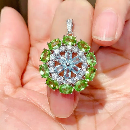 Natural Peridot and Aquamarine Pendant Necklace, Set in S925 Silver