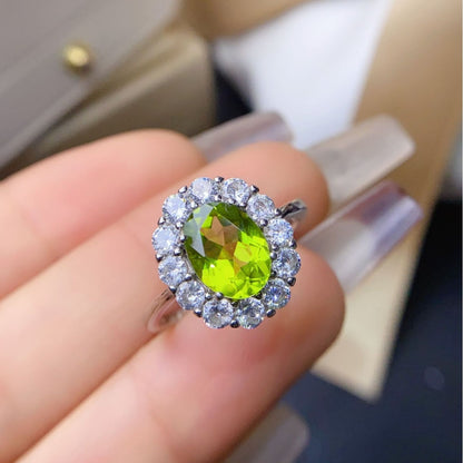 Natural Peridot Ring for Women, S925 Sterling Silver Setting, Main Stone 7*9mm