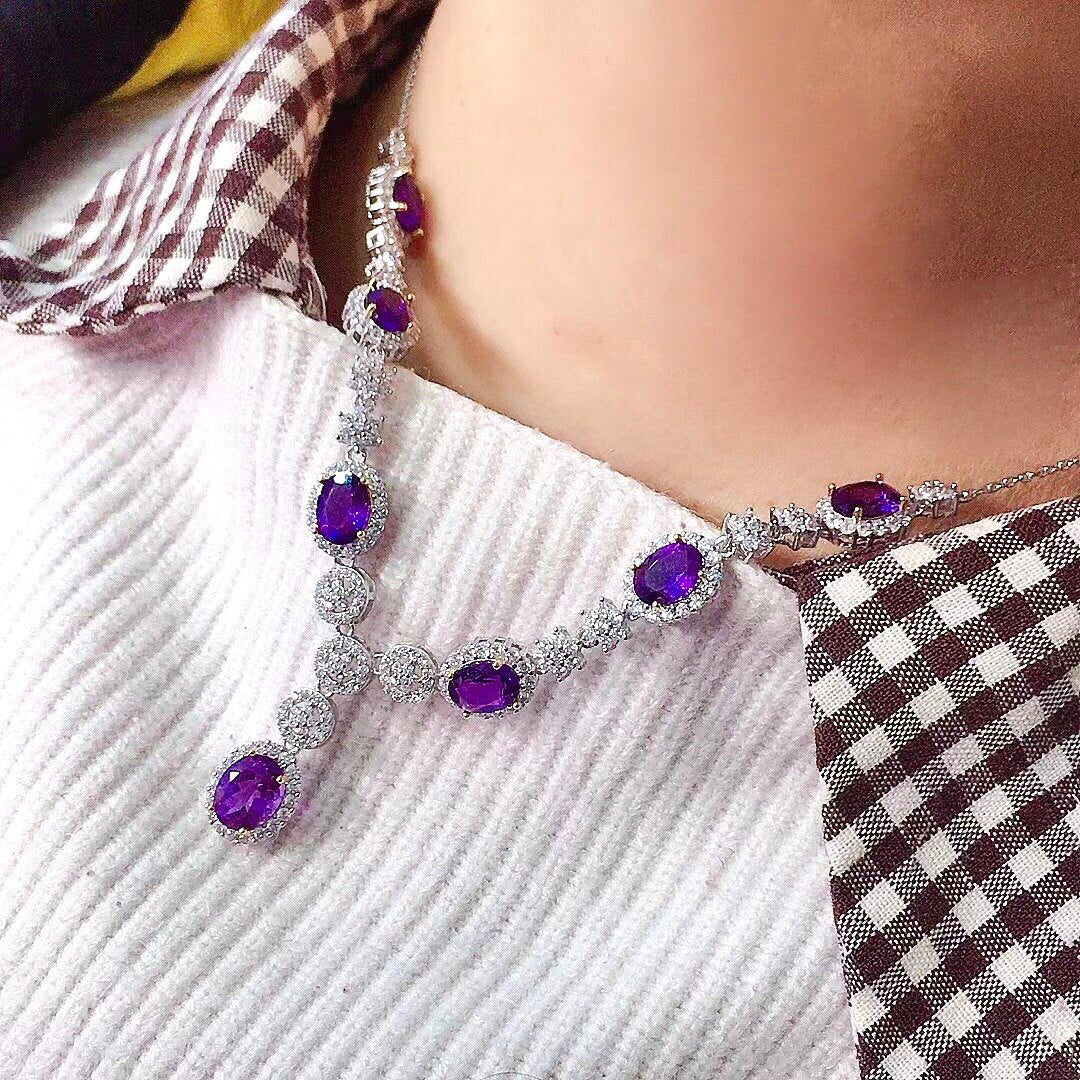 Natural Amethyst Necklace, S925 Silver Plated with Platinum