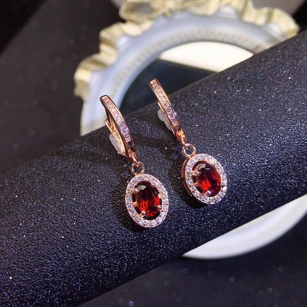 Natural Garnet Earrings, 925 Silver Plated with Rose Gold, Main Stone 4*6mm
