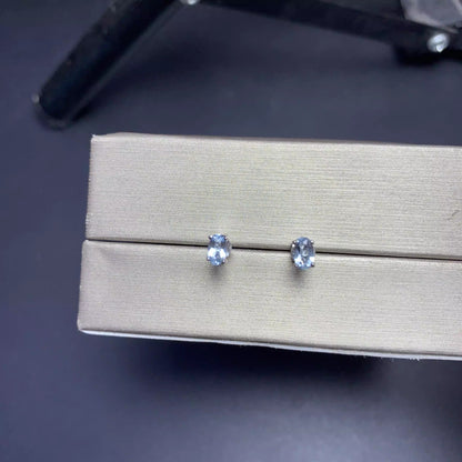 Natural Aquamarine Earrings, 925 Silver Plated with Platinum, 4-Prong Setting, 3*5mm