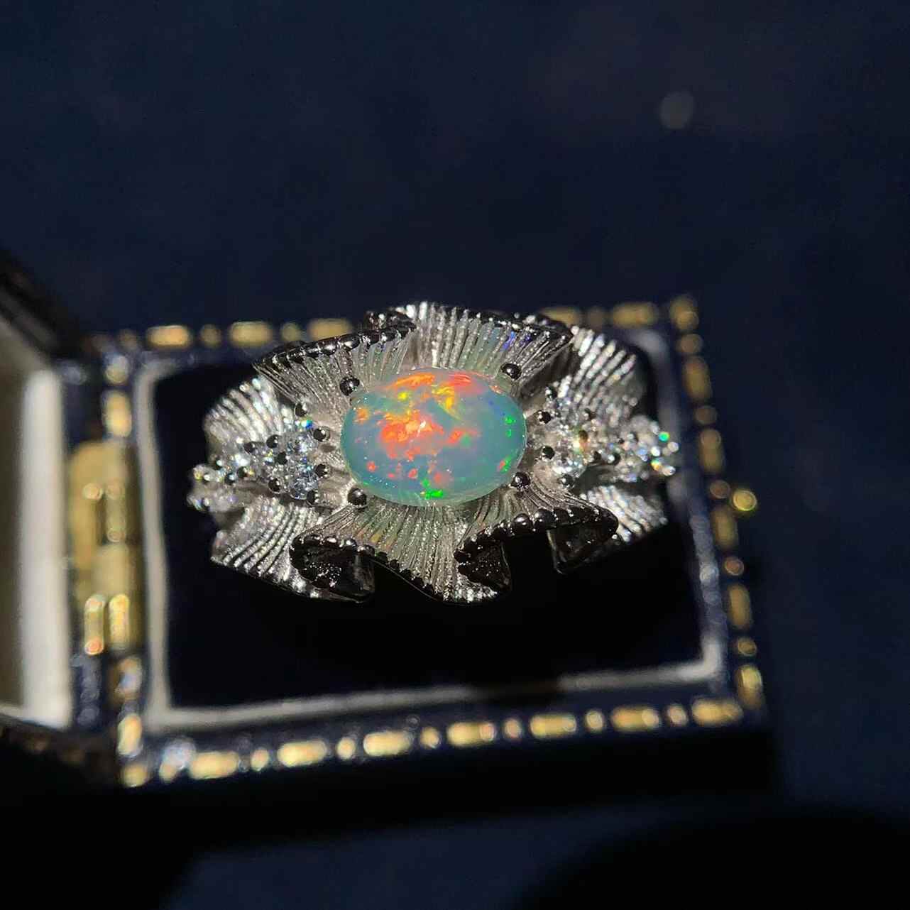 Natural Opal Ring 925 Silver with Floral Pattern