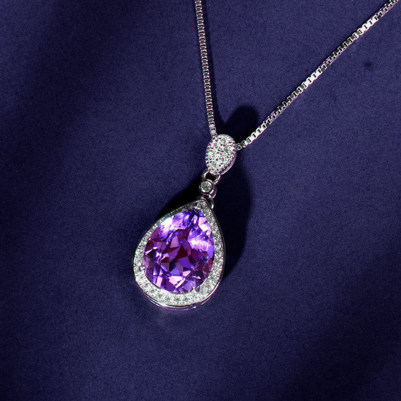 Natural Amethyst Pendant Necklace, S925 Silver Plated with Platinum