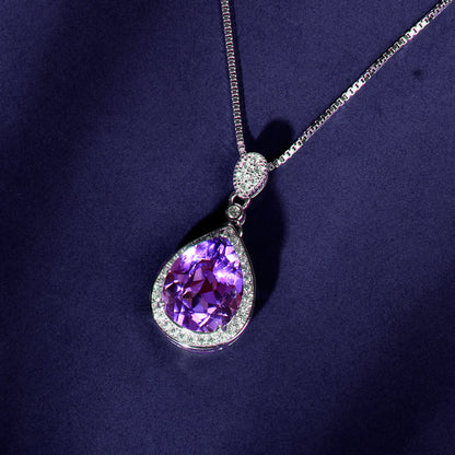 Natural Amethyst Pendant Necklace, S925 Silver Plated with Platinum