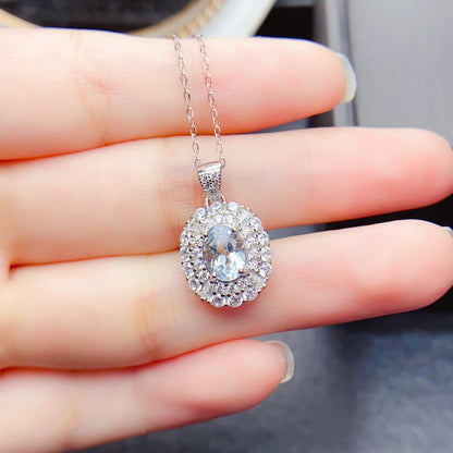Natural Aquamarine Pendant Necklace, S925 Silver Plated with Platinum
