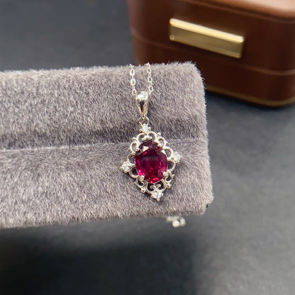 Natural Garnet Pendant Necklace, S925 Silver Plated with Platinum