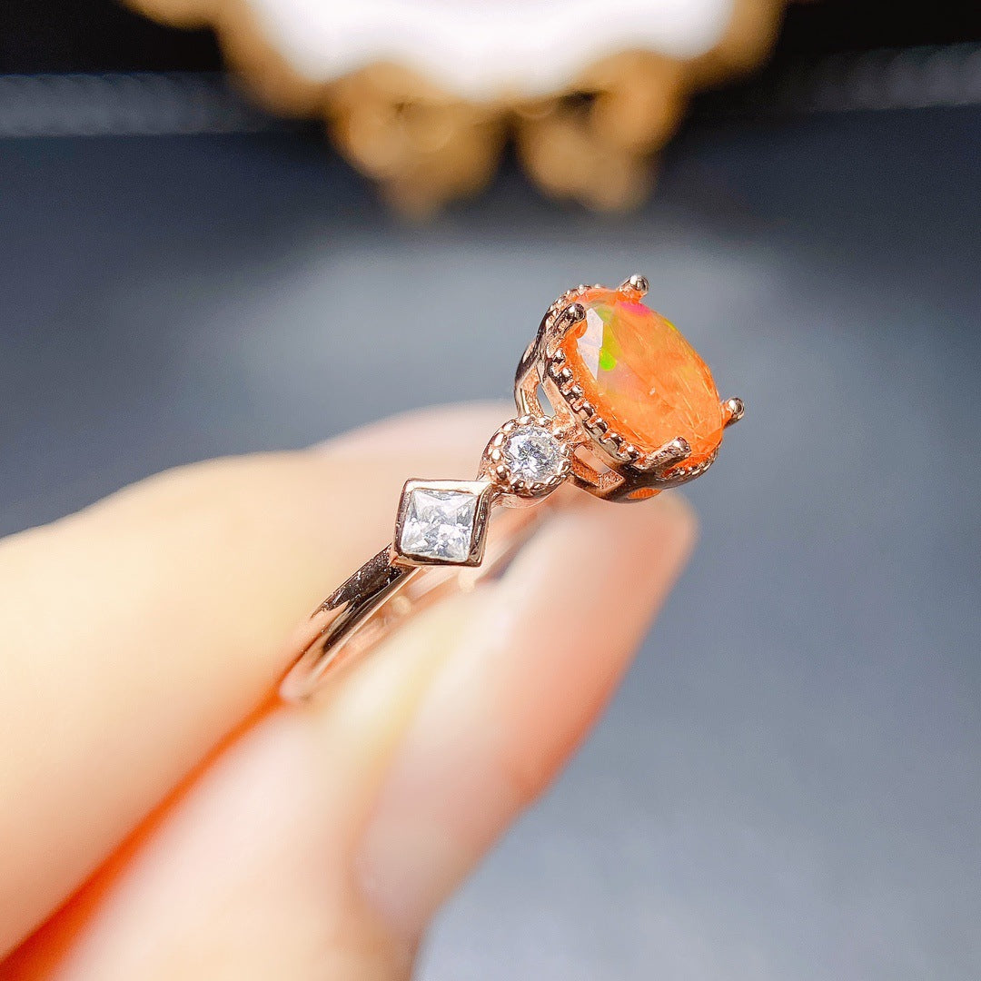 Natural Fire Opal Ring S925 Silver Setting, Main Stone 5*7mm