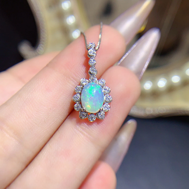 Natural Opal Pendant Necklace, S925 Silver Plated with Platinum