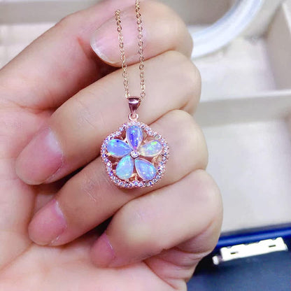 Natural Opal Floral Pendant Necklace, Set in S925 Silver