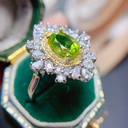 Natural Peridot Ring for Women, S925 Sterling Silver Setting, Main Stone 6*8mm