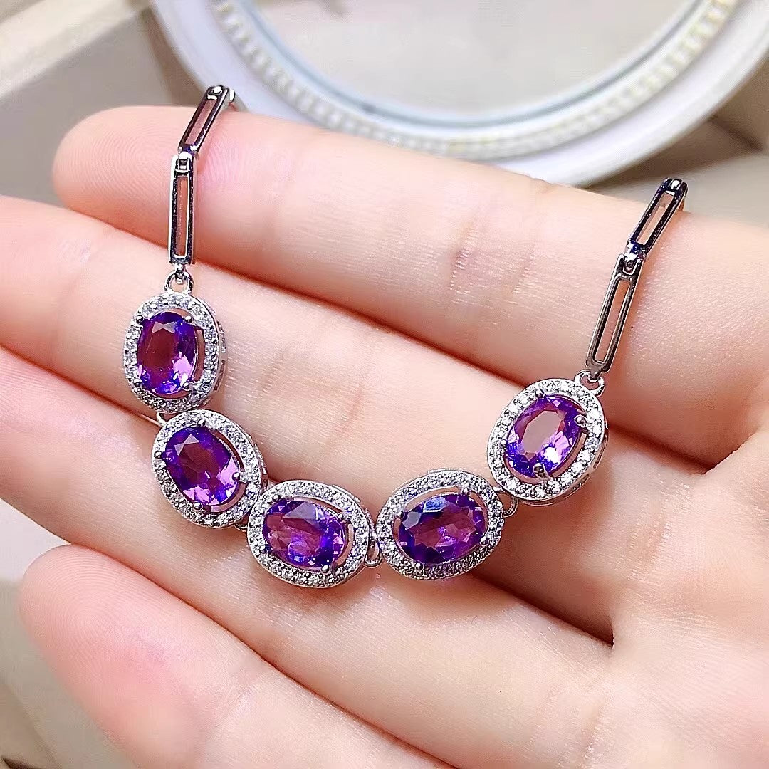 Natural Amethyst Bracelet, S925 Sterling Silver Setting