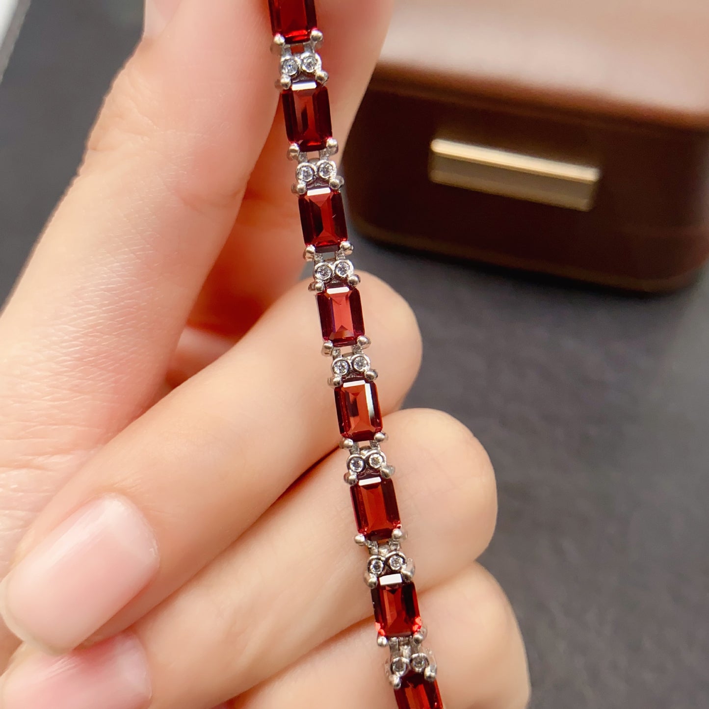 Bracelet Grenat Naturel, Plaqué Argent S925 et Platine