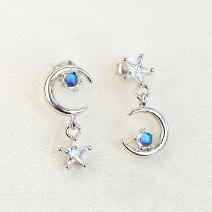 Natural Blue Moonstone Asymmetric Earrings, S925 Sterling Silver