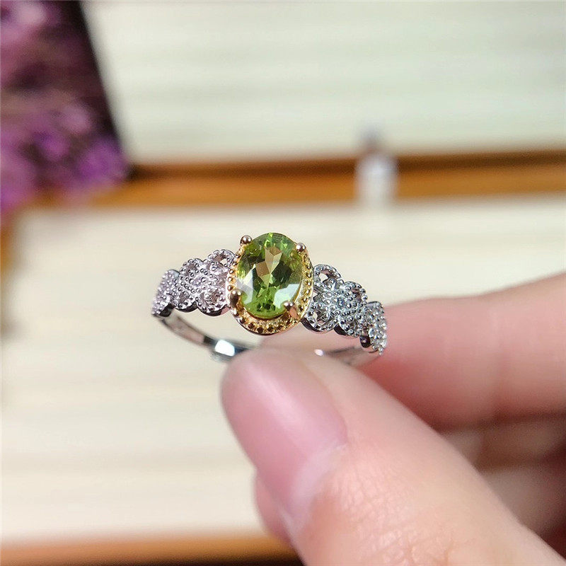 Natural Peridot Ring for Women, Set in S925 Sterling Silver, Main Stone 5*7mm