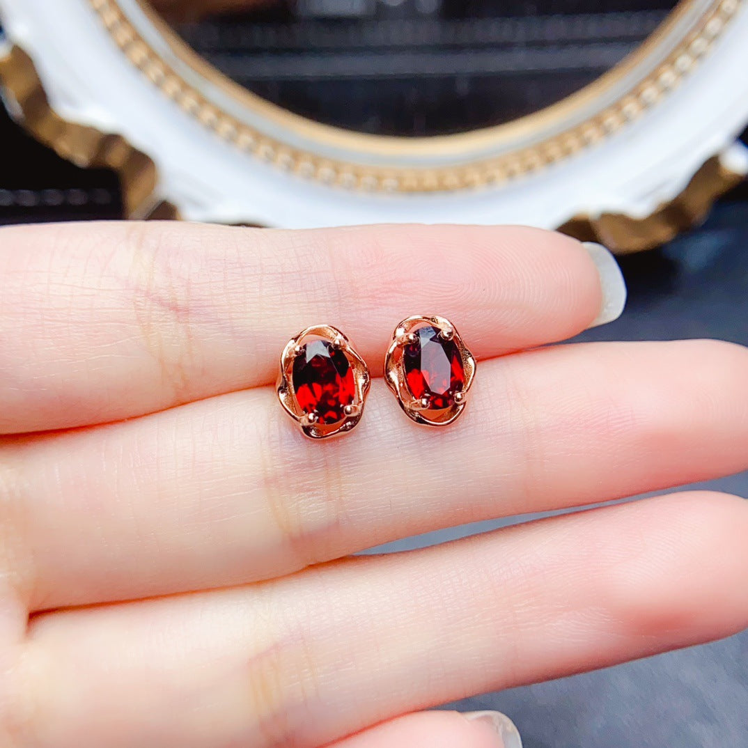 Natural Garnet Earrings, 925 Silver Plated with Gold, Main Stone 5*7mm