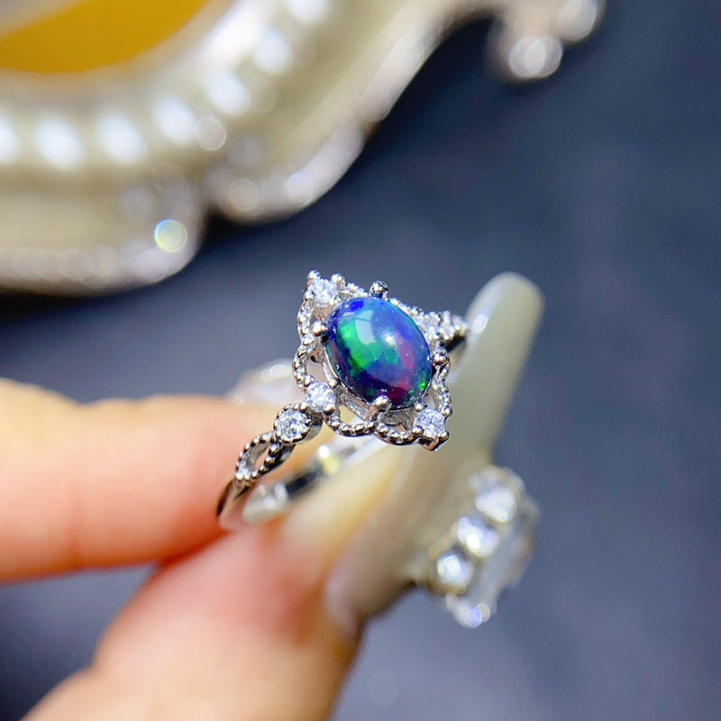 Natural Black Opal Ring 925 Silver 5*7mm