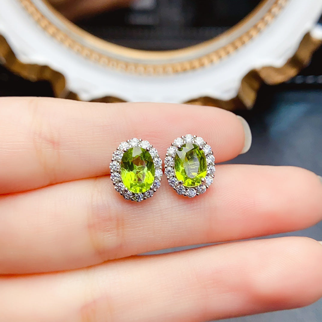 Natural Peridot Earrings, Set in S925 Silver, Main Stone 5x7mm