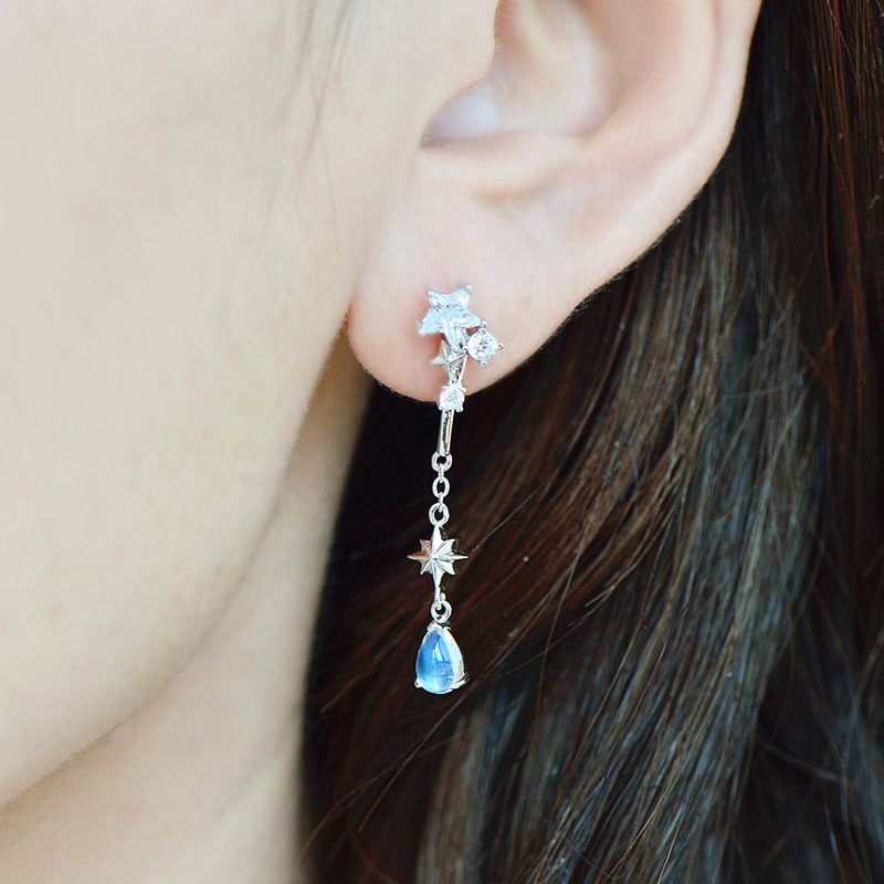Natural Moonstone Earrings, Ice Type with Strong Blue Sheen, 925 Sterling Silver