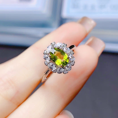 Natural Peridot Ring for Women, Set in S925 Sterling Silver, Main Stone 5*7mm