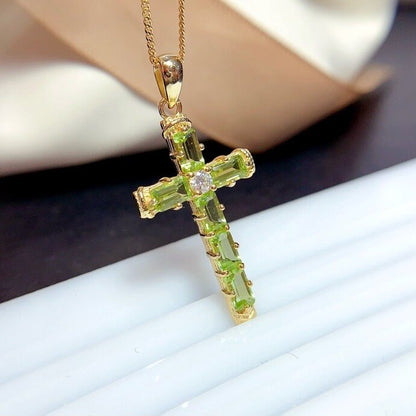Natural Peridot Cross Pendant Necklace, Set in S925 Silver